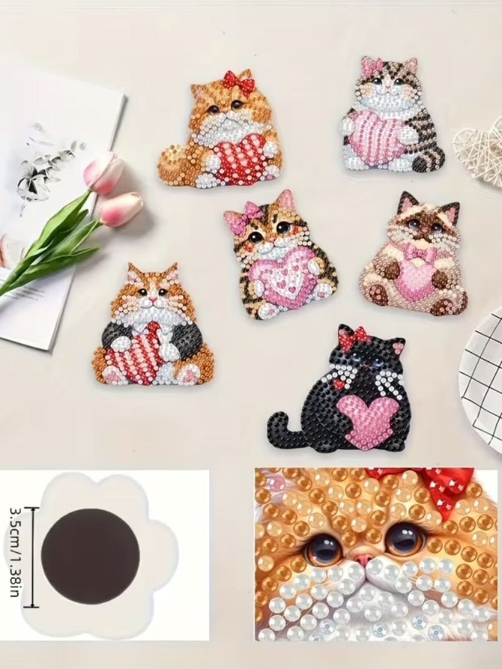 DIY Diamond Art Fridge Magnets Set of 6 Heart Kittens Craft Kit Gift